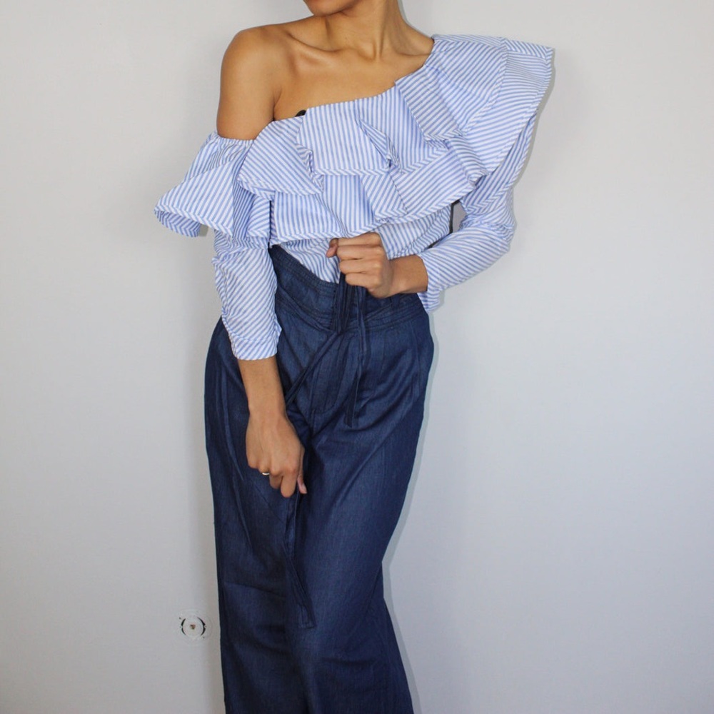 Wide leg dark denim pants